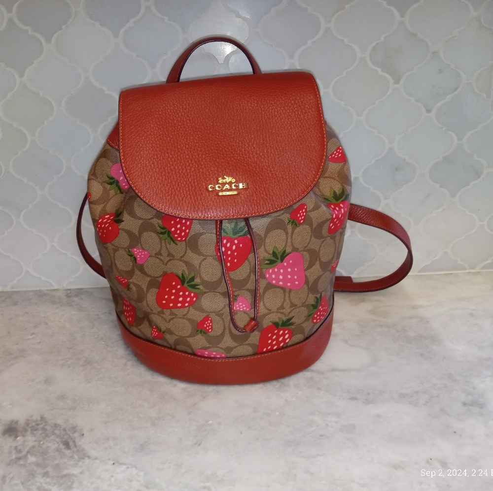Coach Dempsey Drawstring Backpack in Signature Canvas with Wild strawberry print